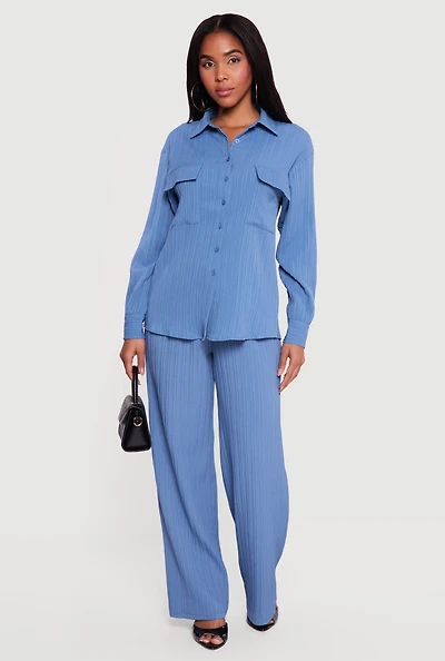 Ribbed Knit Drawstring Waist Wide Leg Pants