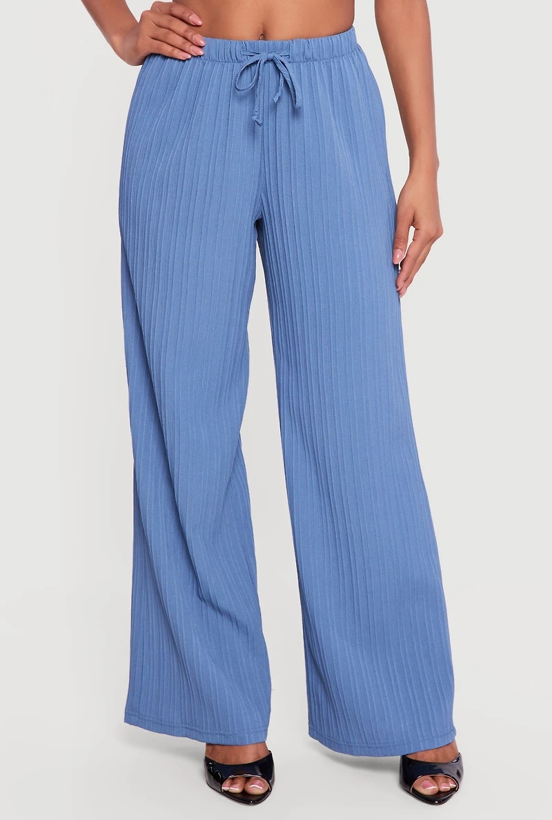 Ribbed Knit Drawstring Waist Wide Leg Pants