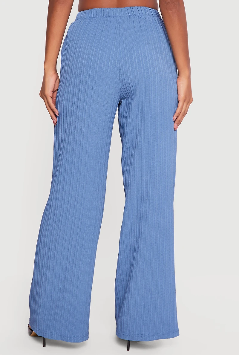 Ribbed Knit Drawstring Waist Wide Leg Pants
