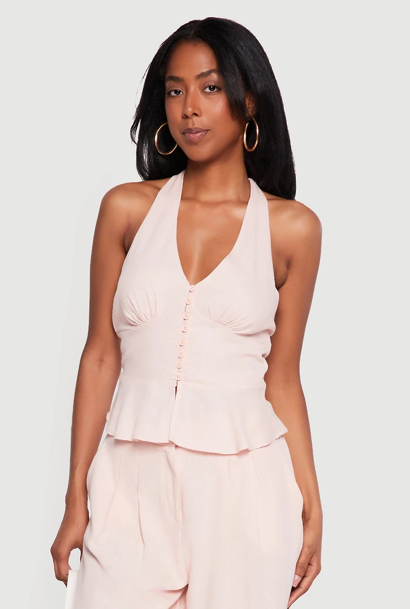 Tie Back Halter Neck Button Front Peplum Top