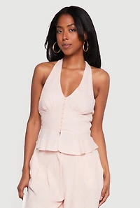 Tie Back Halter Neck Button Front Peplum Top