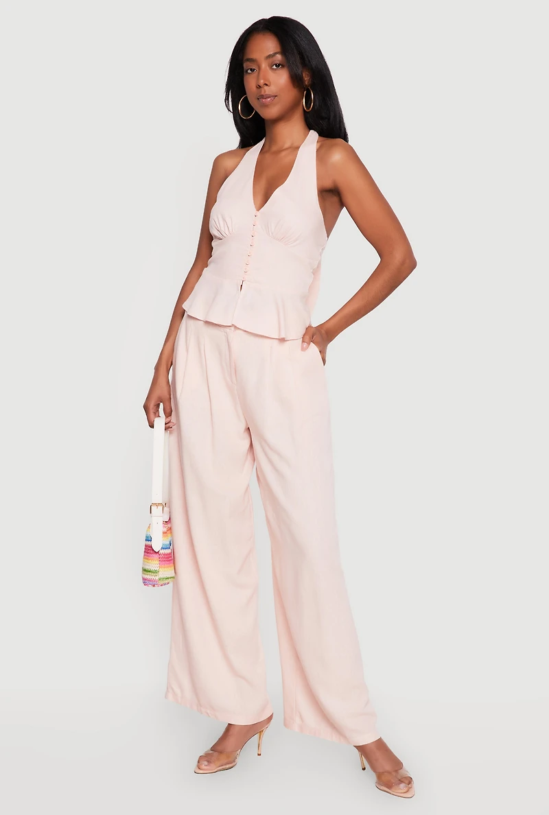 Tie Back Halter Neck Button Front Peplum Top