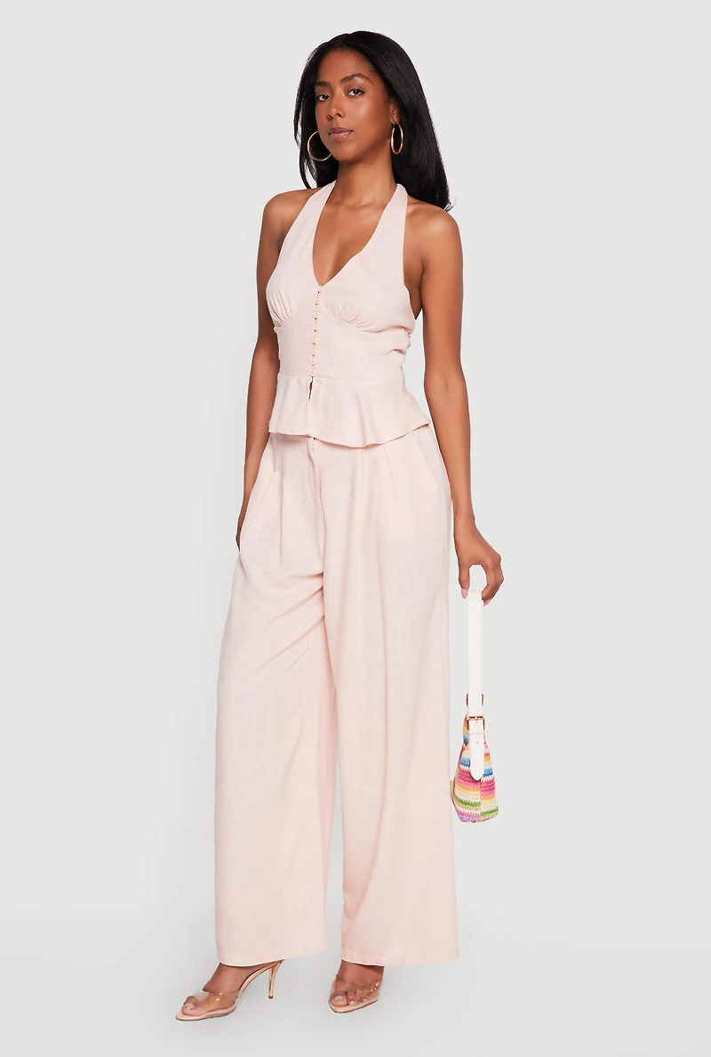 Tie Back Halter Neck Button Front Peplum Top