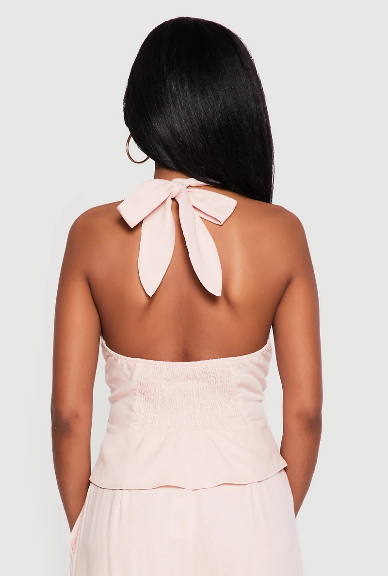 Tie Back Halter Neck Button Front Peplum Top