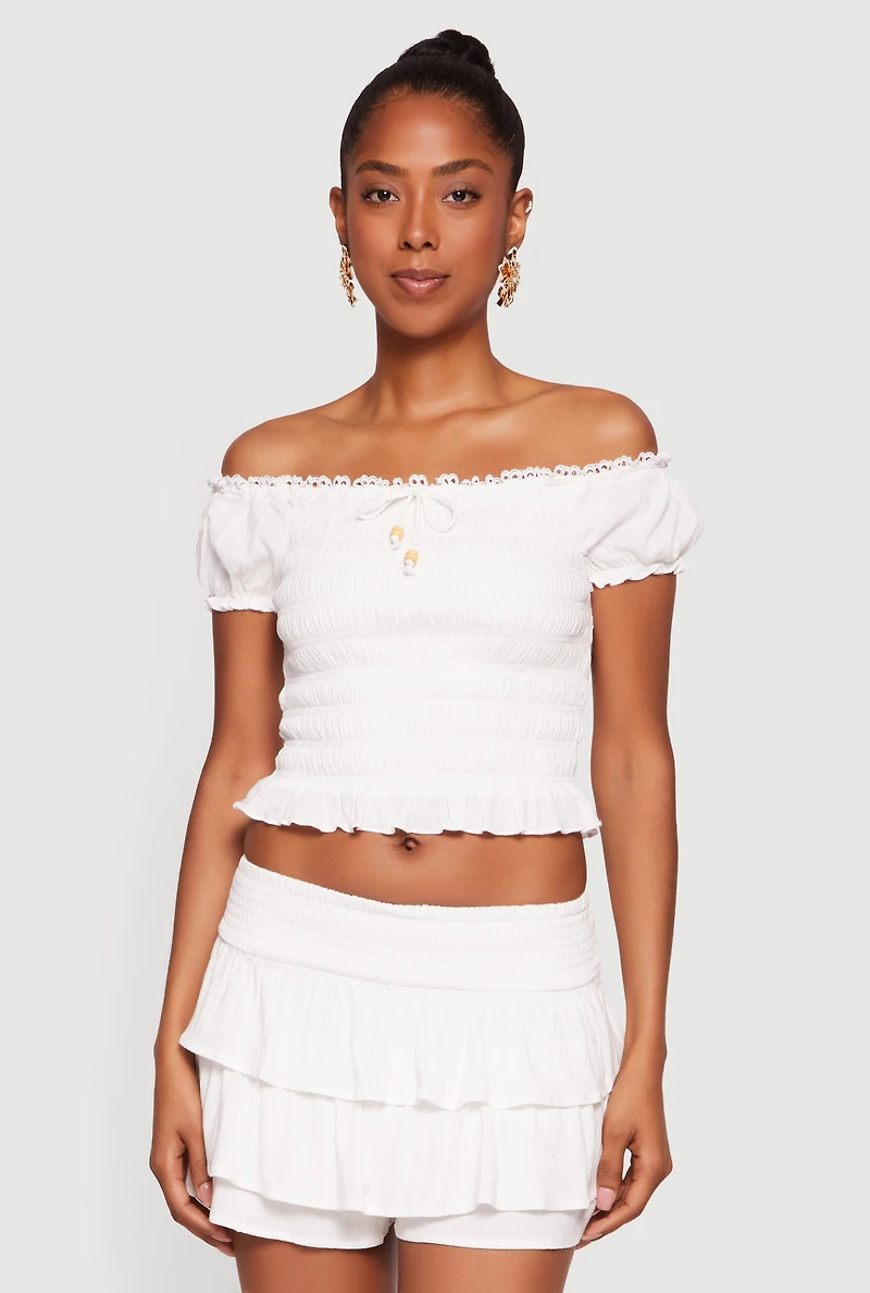 Beaded Crochet Detail Smocked Off The Shoulder Top
