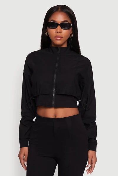 Womens Trendy Lined Mock Neck Zip Front Crop Top, Black, Size S