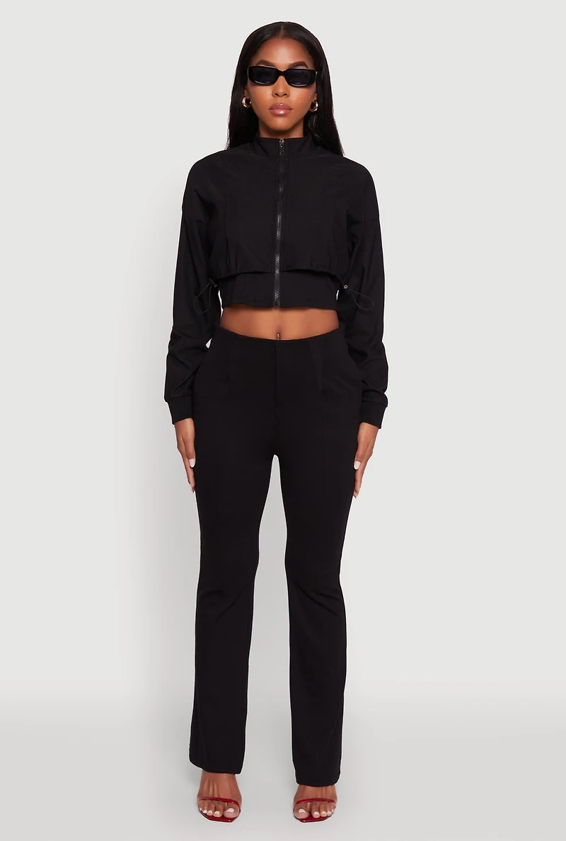 Womens Trendy Lined Mock Neck Zip Front Crop Top, Black, Size L