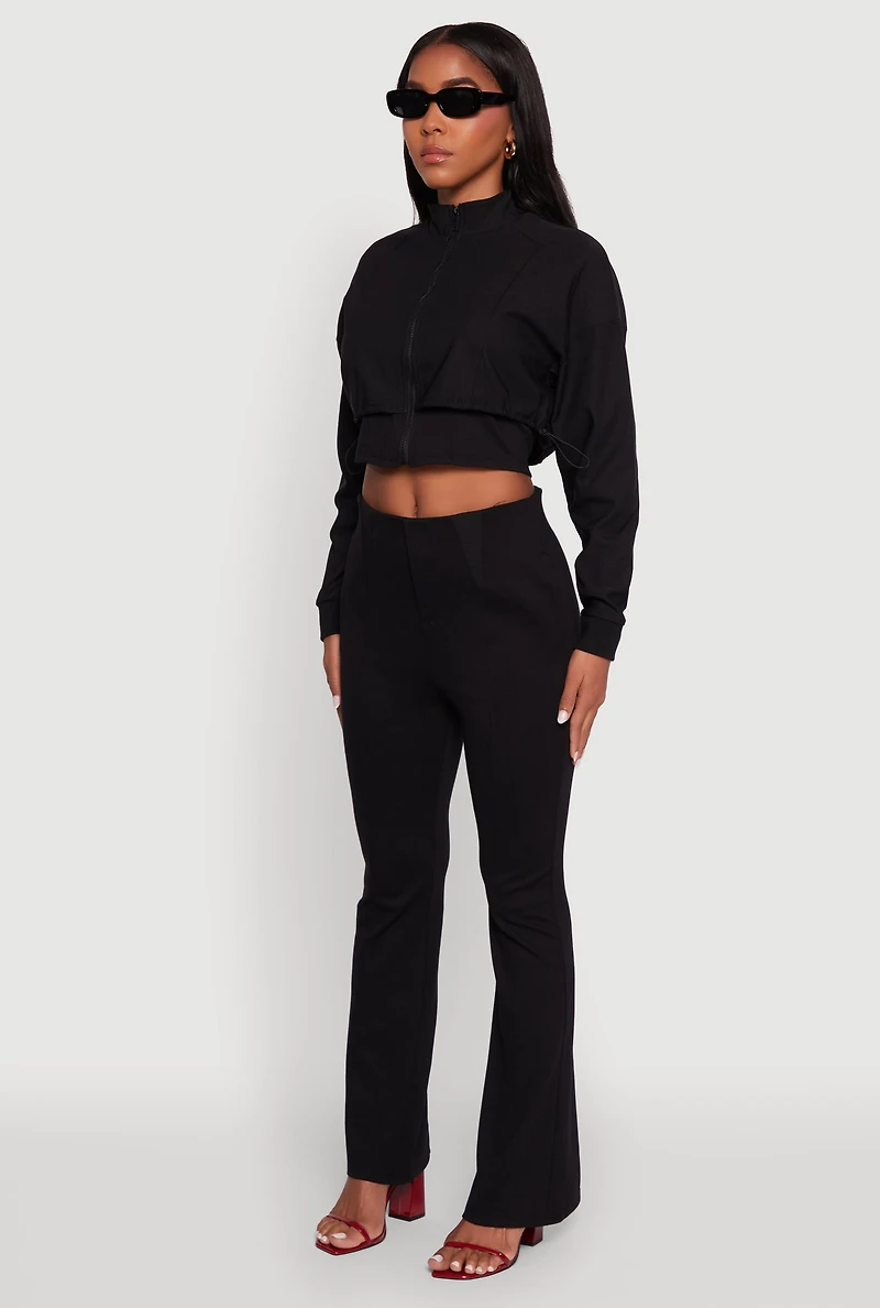 Womens Trendy Lined Mock Neck Zip Front Crop Top, Black, Size L