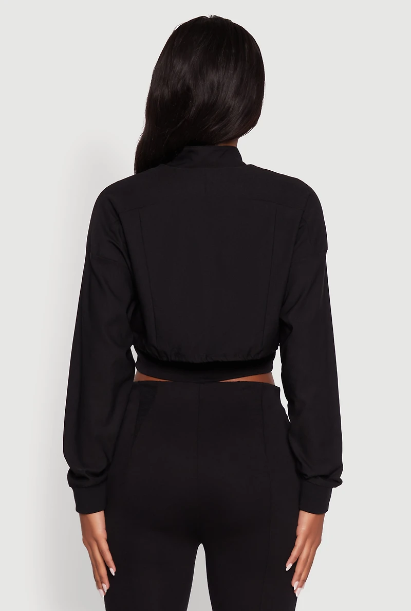 Womens Trendy Lined Mock Neck Zip Front Crop Top, Black, Size L