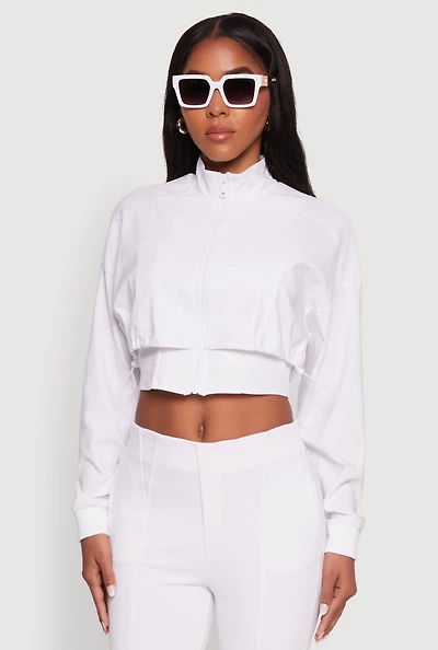 Womens Trendy Lined Mock Neck Zip Front Crop Top, White,