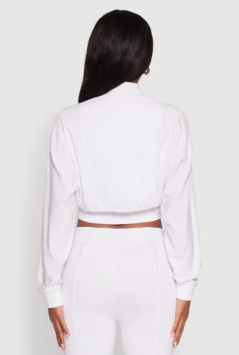 Womens Trendy Lined Mock Neck Zip Front Crop Top, White,
