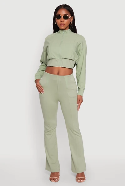 Womens Pull On Pintuck Flared Pants, Green, Size L