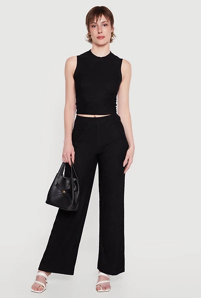 Textured Knit High Waisted Wide Leg Pull On Pants