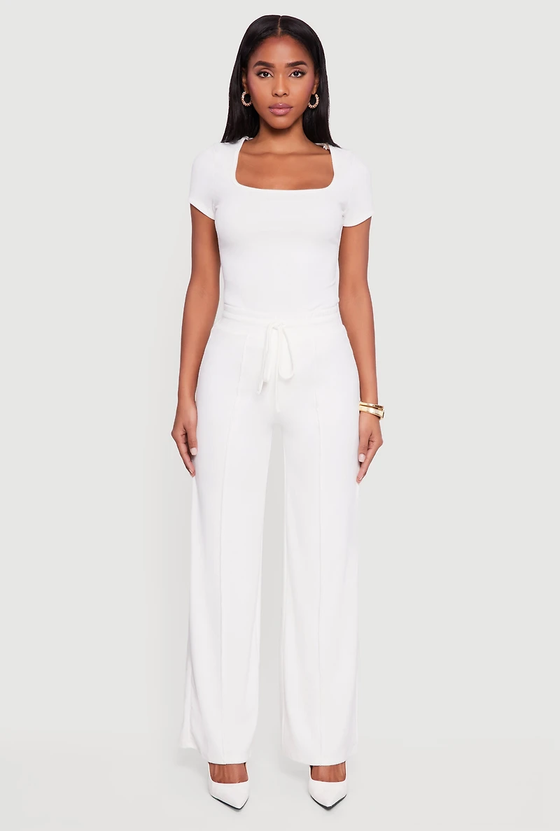 Pintuck Drawstring Waist Straight Leg Pants