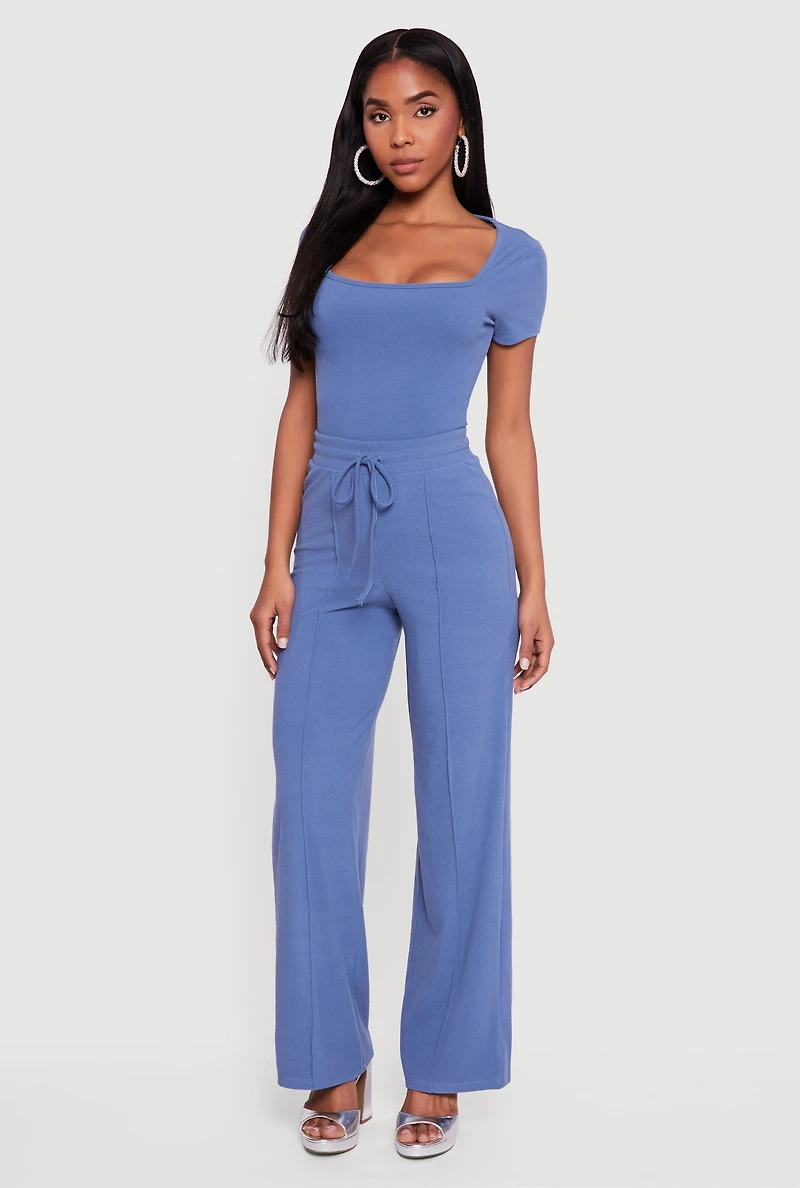 Womens Pintuck Drawstring Waist Straight Leg Pants,