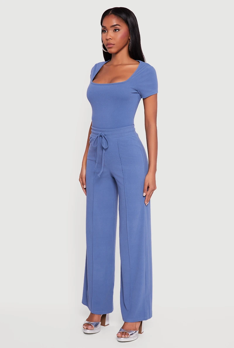 Womens Pintuck Drawstring Waist Straight Leg Pants,