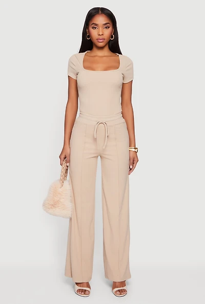 Pintuck Drawstring Waist Straight Leg Pants