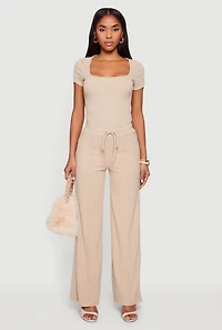 Pintuck Drawstring Waist Straight Leg Pants