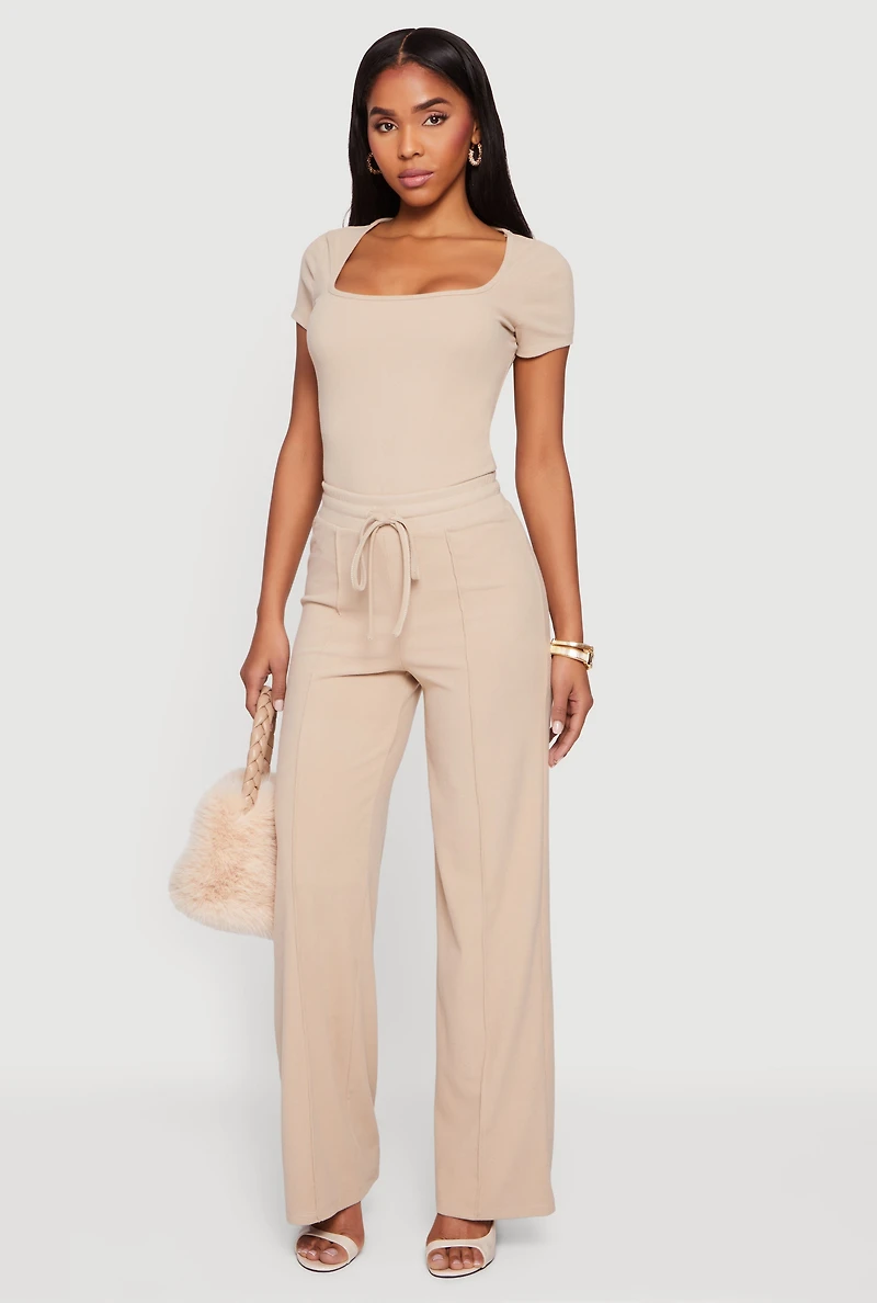 Pintuck Drawstring Waist Straight Leg Pants