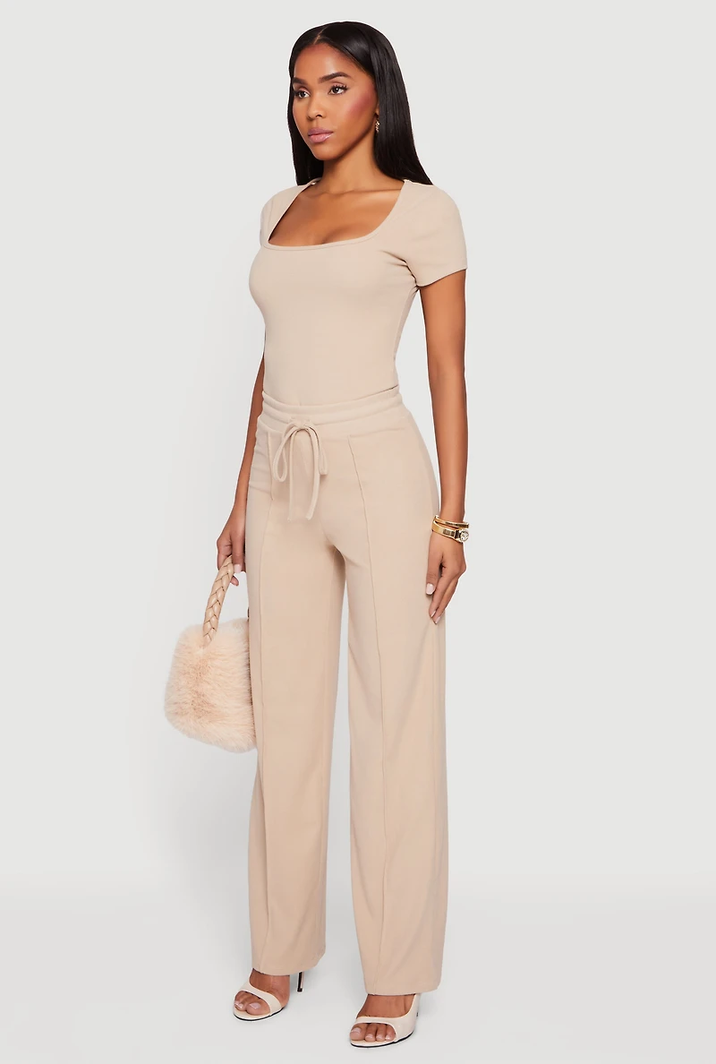 Pintuck Drawstring Waist Straight Leg Pants