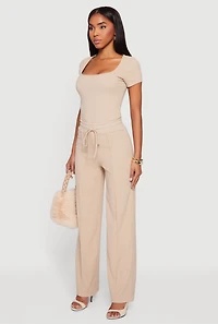 Pintuck Drawstring Waist Straight Leg Pants