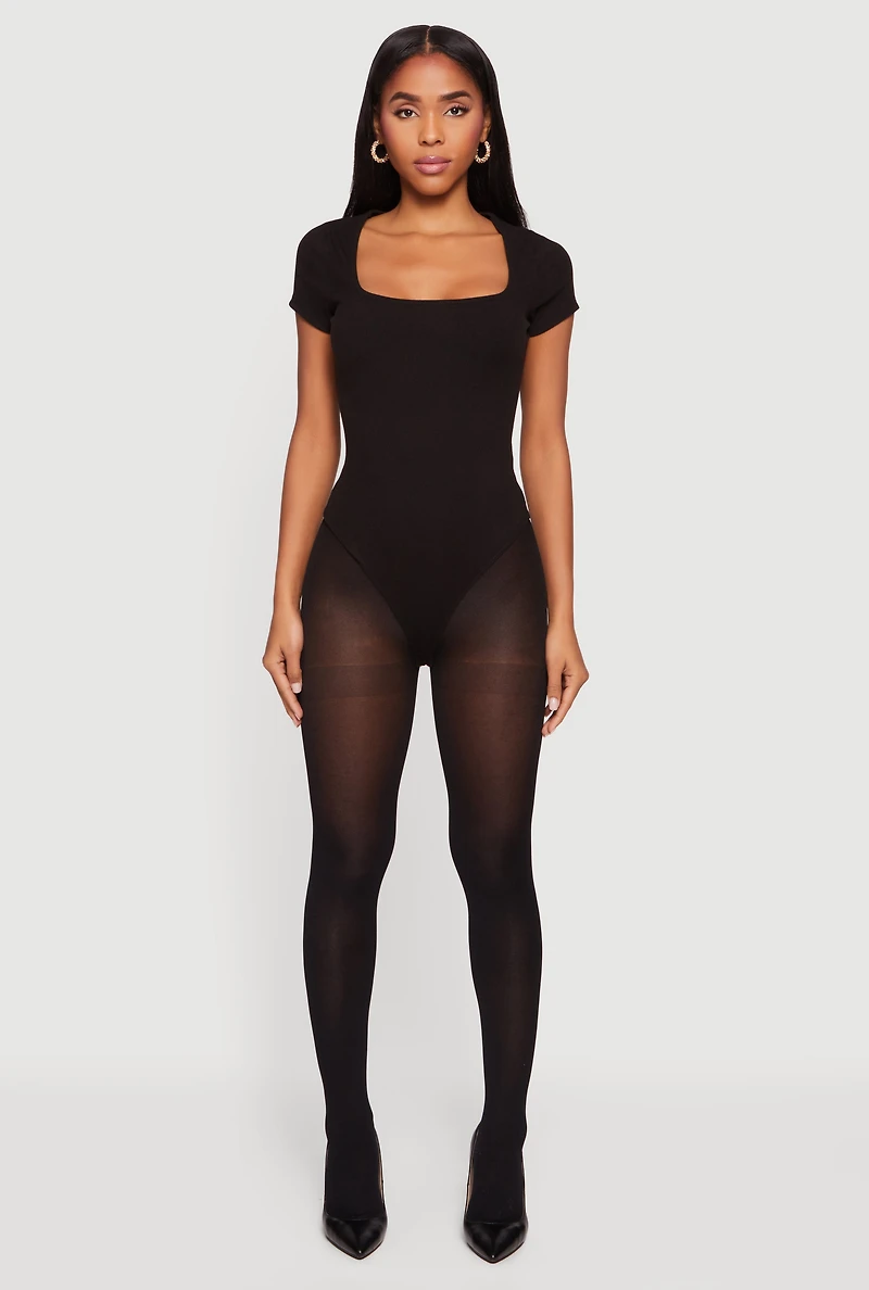 Womens Short Sleeve Square Neck Bodysuit, Black, Size M