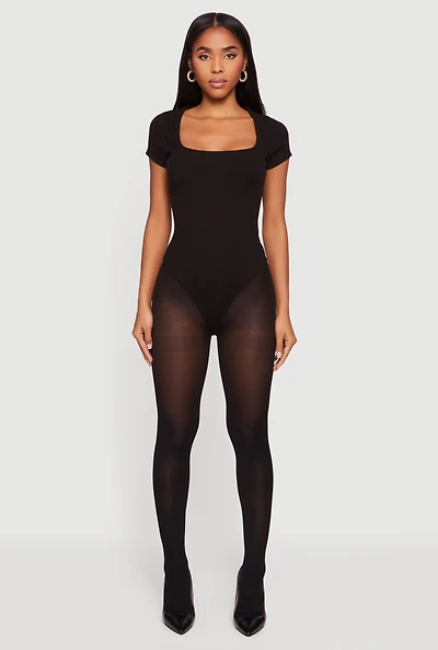 Womens Short Sleeve Square Neck Bodysuit, Black, Size M