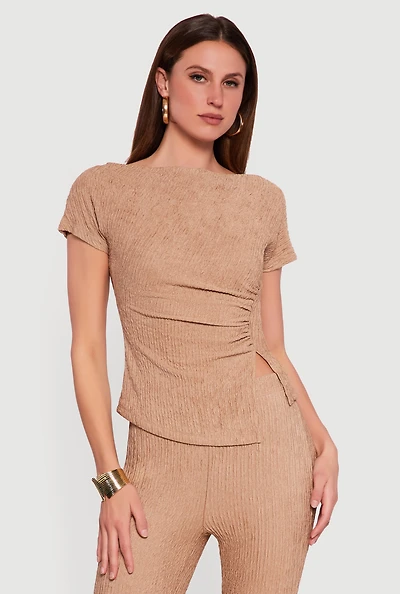 Textured Knit Boat Neck Side Slit Blouse