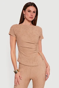 Textured Knit Boat Neck Side Slit Blouse
