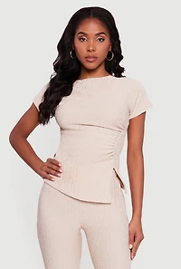 Textured Knit Boat Neck Side Slit Blouse