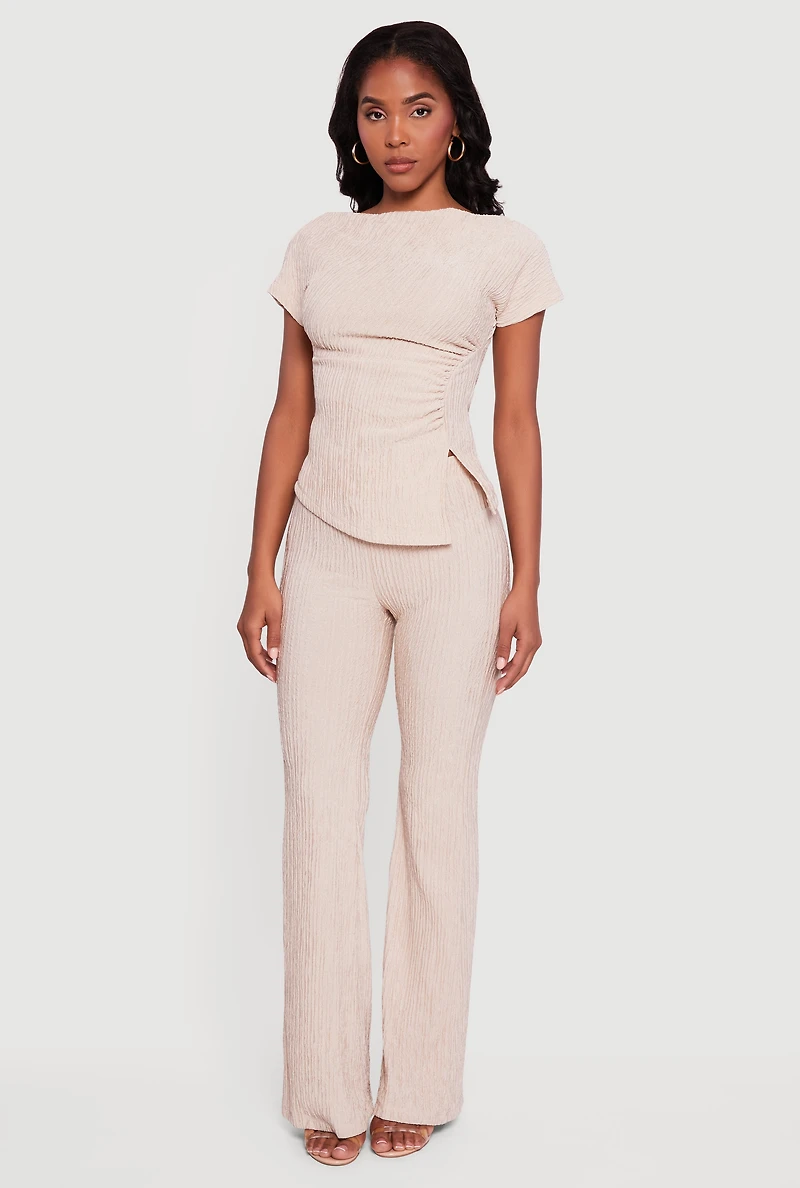 Textured Knit Boat Neck Side Slit Blouse