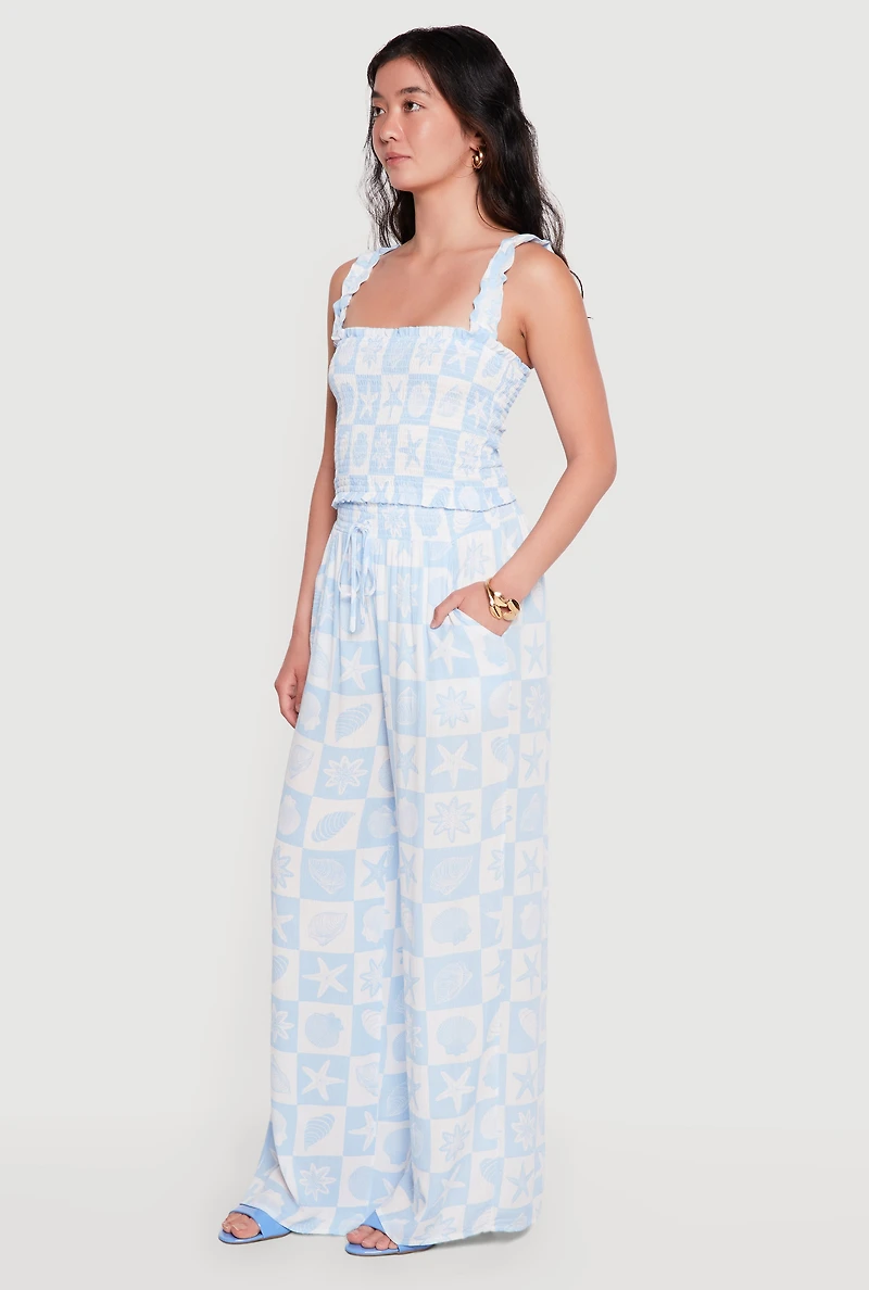 Starfish Patterned Smocked Waist Pull On Pants