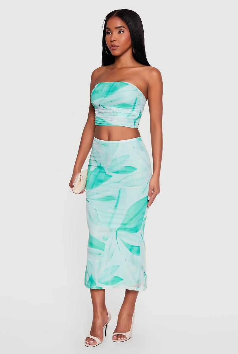 Patterned Mesh Ruched Side Cropped Tube Top