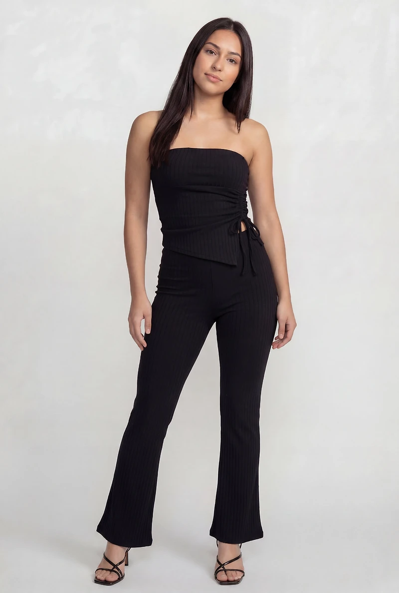 High Waisted Ribbed Knit Pull On Flare Pants