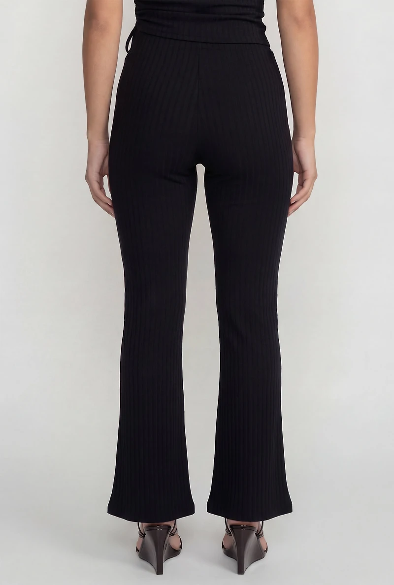 High Waisted Ribbed Knit Pull On Flare Pants