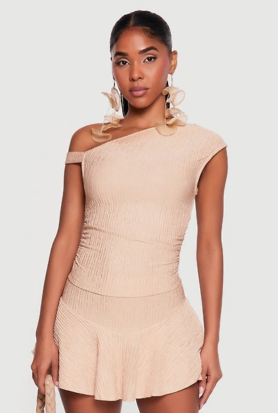 One Shoulder Side Ruched Textured Knit Crop Top