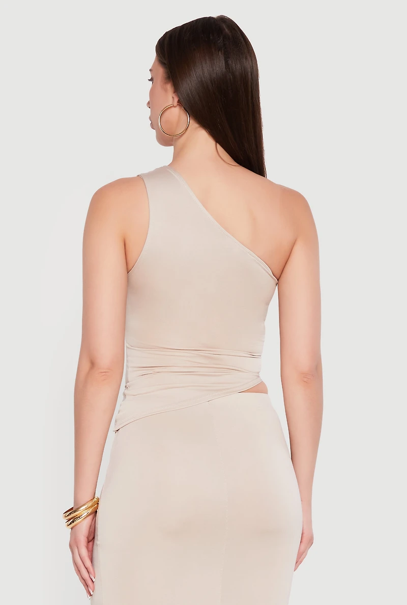 Metallic Detail Ruched Side One Shoulder Top