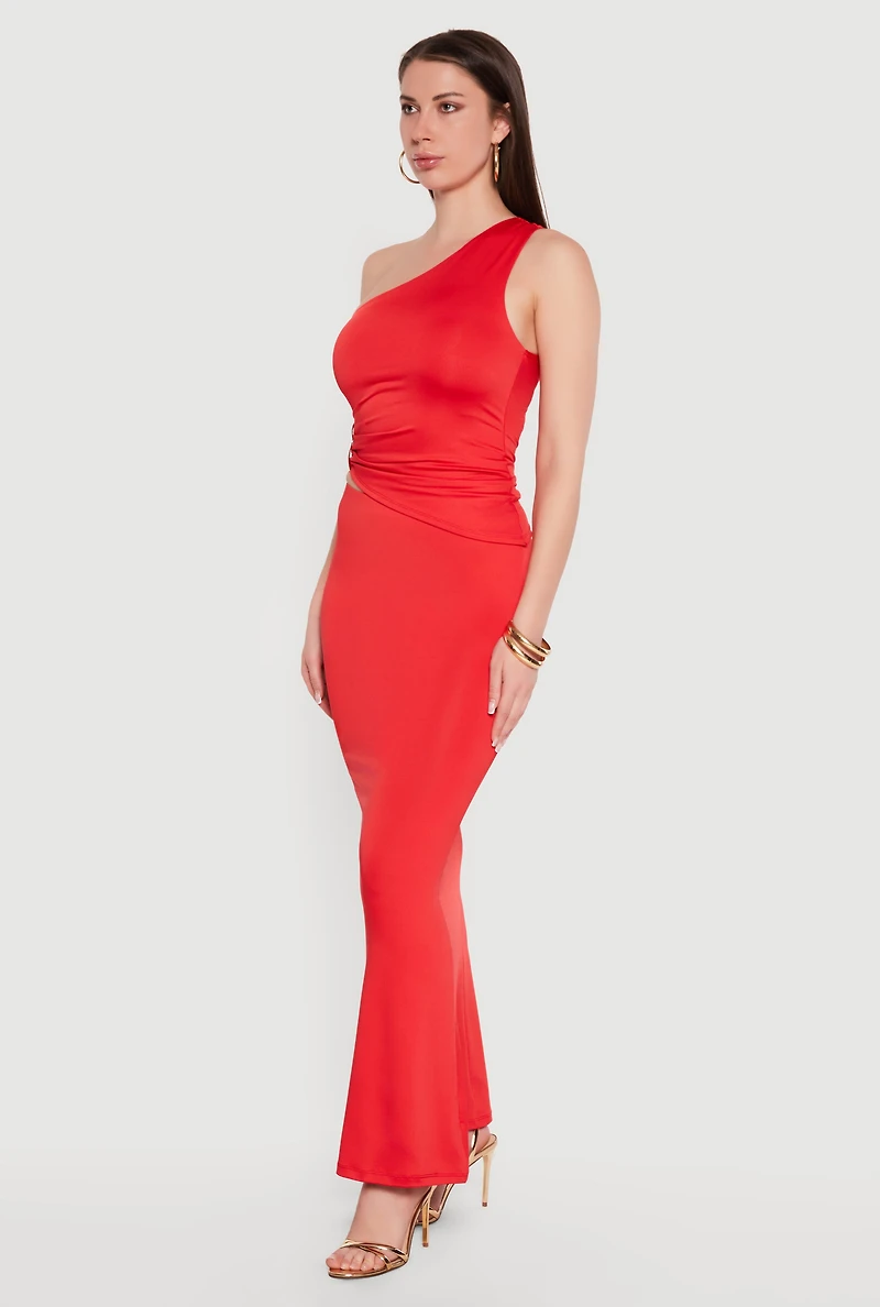 Metallic Detail Ruched Side One Shoulder Top