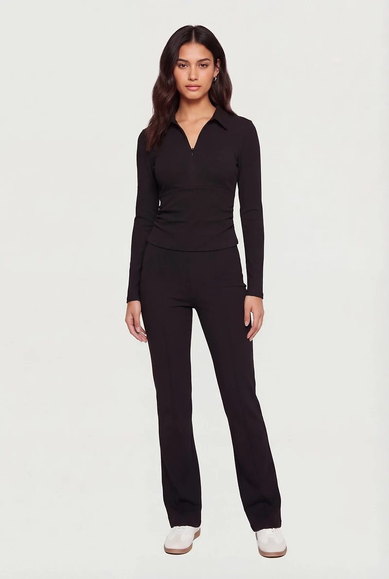 Brushed Knit Long Sleeve Zip Front Polo Shirt