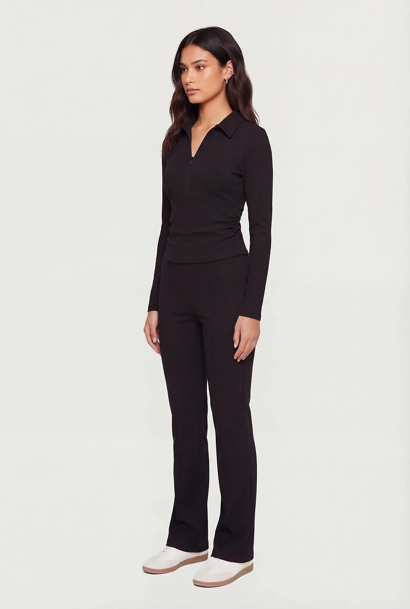 Brushed Knit Long Sleeve Zip Front Polo Shirt