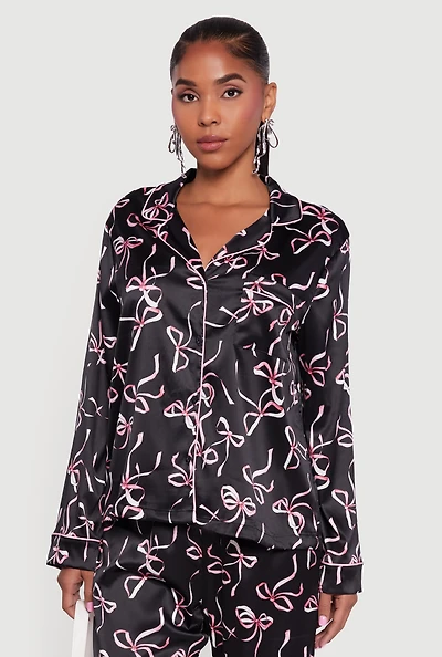 Satin Bow Print Long Sleeve Button Front Shirt