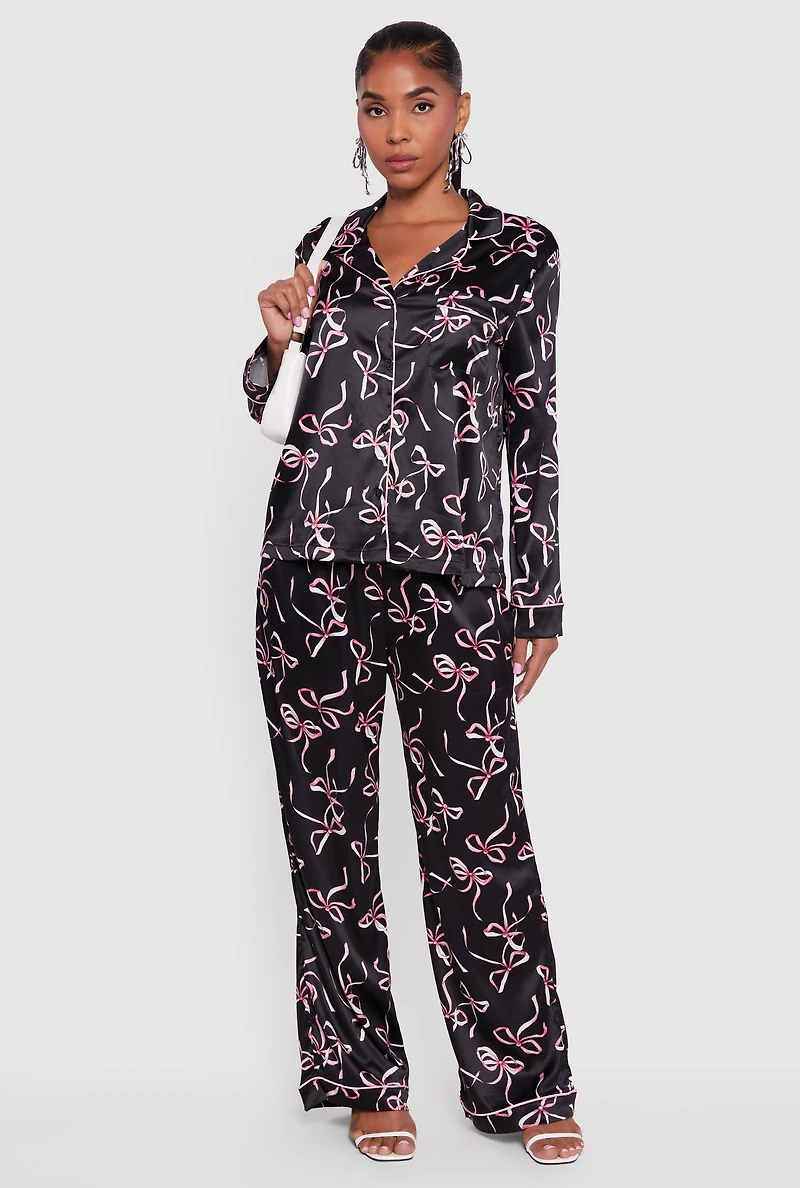 Satin Bow Print Long Sleeve Button Front Shirt