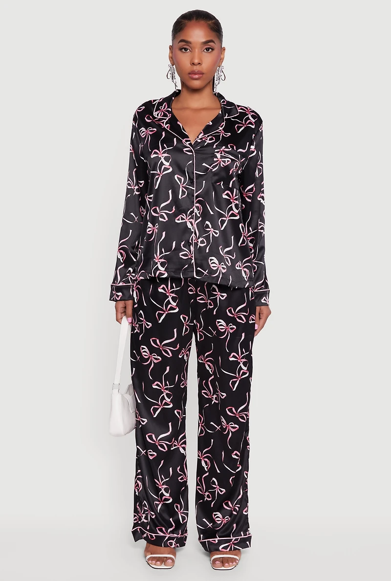 Satin Bow Print Long Sleeve Button Front Shirt