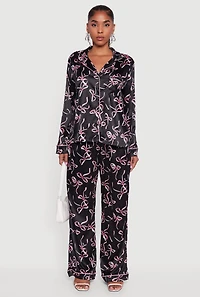 Satin Bow Print Long Sleeve Button Front Shirt