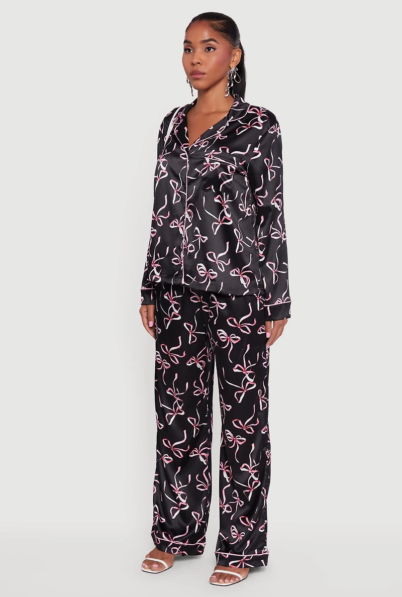 Womens Satin Bow Print Long Sleeve Button Front Shirt, Black, Size L