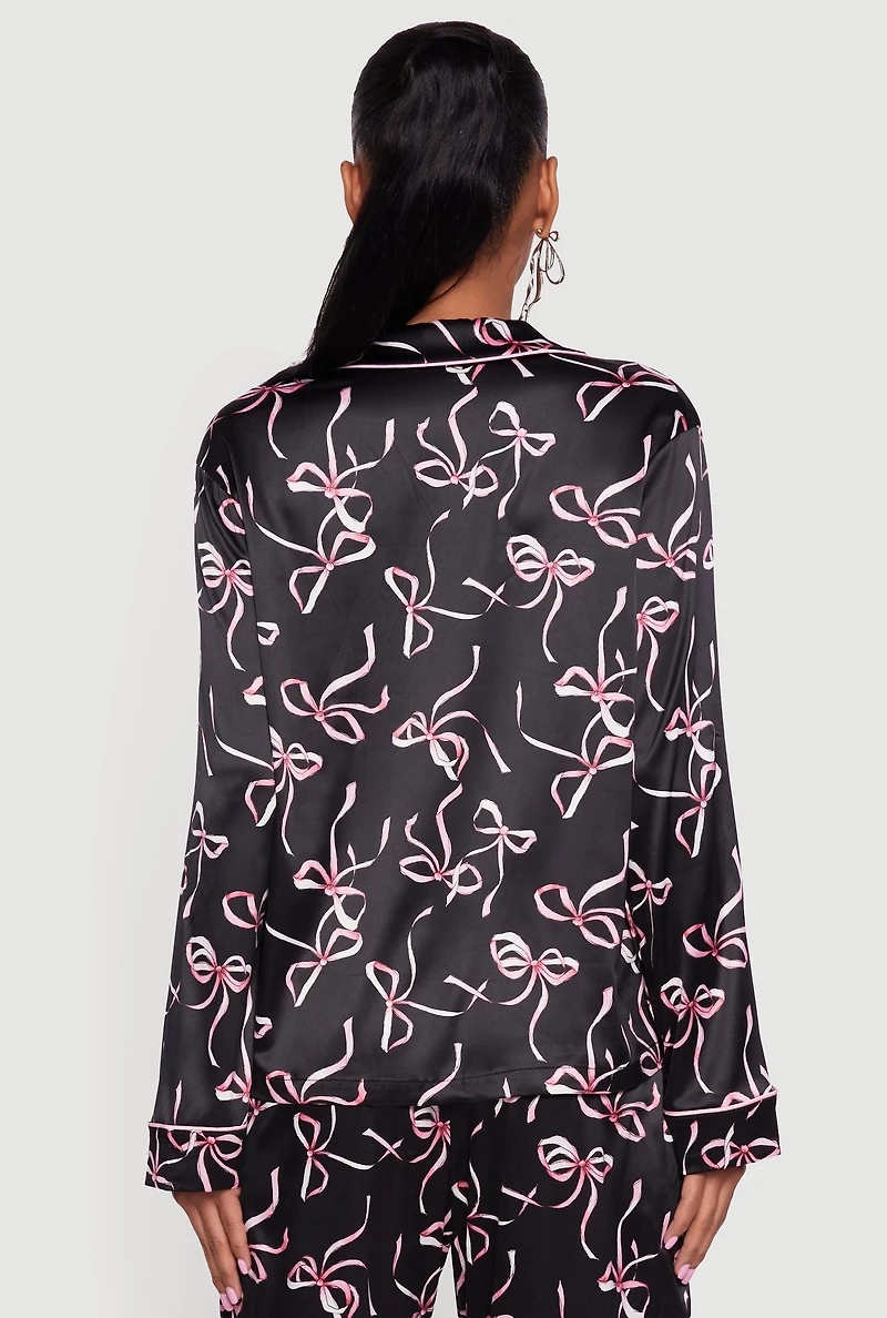 Satin Bow Print Long Sleeve Button Front Shirt