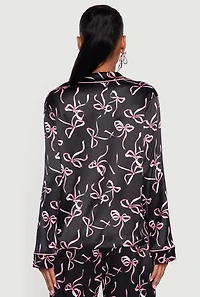 Satin Bow Print Long Sleeve Button Front Shirt