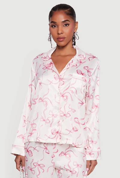 Satin Bow Print Long Sleeve Button Front Shirt