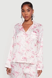 Satin Bow Print Long Sleeve Button Front Shirt