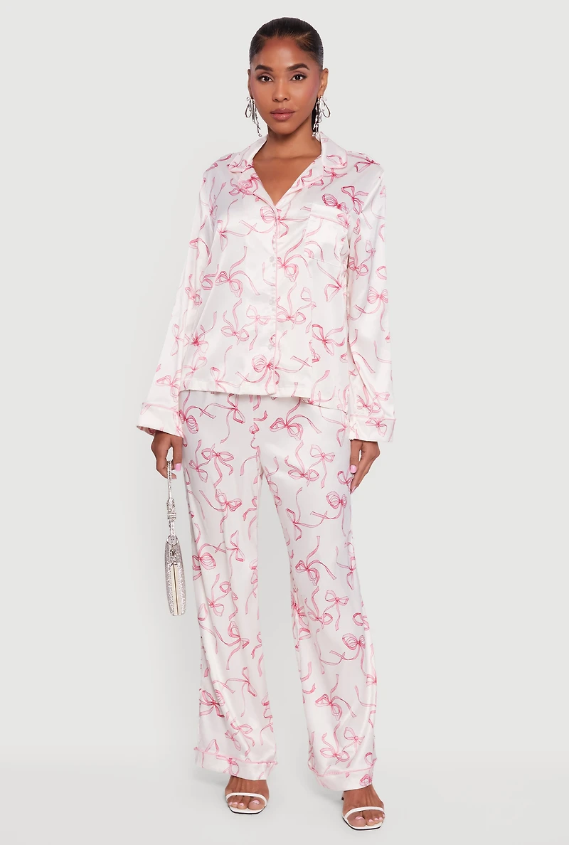 Satin Bow Print Long Sleeve Button Front Shirt